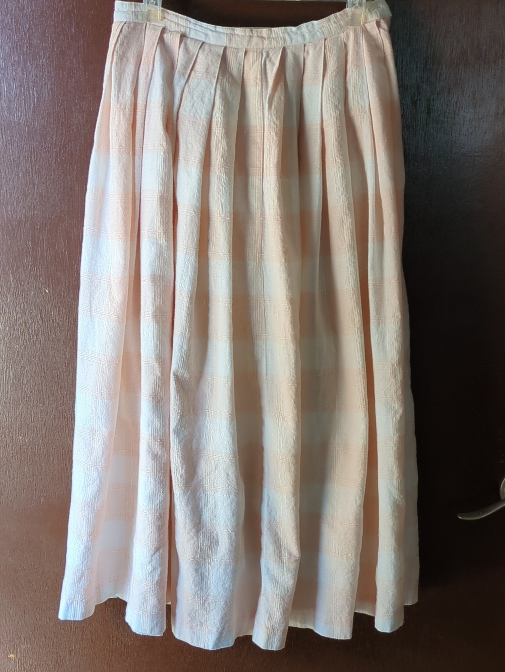 I Magnin Pleated Peach and White Checked Midi Skirt Size 8